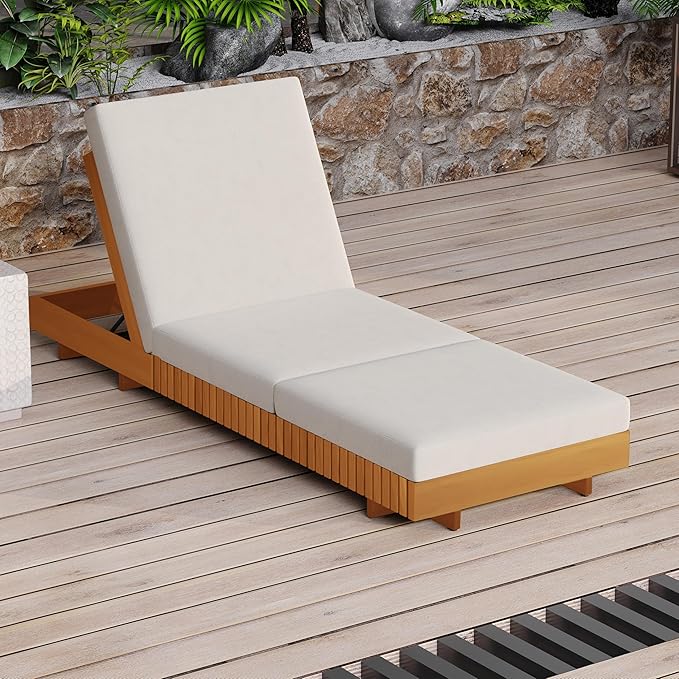 Merax Acacia Wood Chaise Lounge Set w/ 6-Position Adjustable Backrest & Cushion - Outdoor Patio Poolside Furniture, Beige