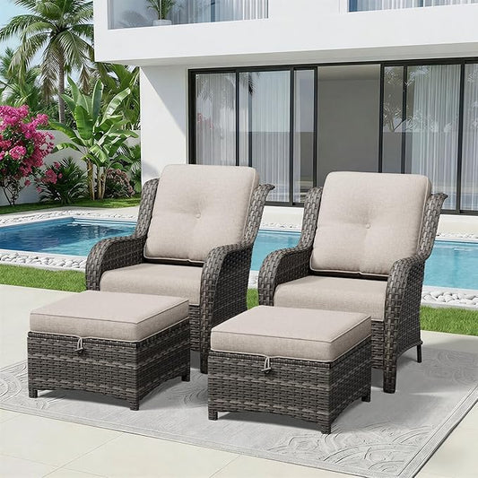 4 Piece Outdoor Wicker Patio Furniture Set, Patio Chairs Set with Thickened Olefin Cushions, High Back and Deep Seating, Hand-Woven PE Rattan, Ottoman for Porch, Deck, Beige