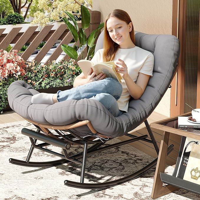 Outdoor Rocking Chair with Footrest, Oversized Patio Papasan Chairs with Cushion - Photo 1