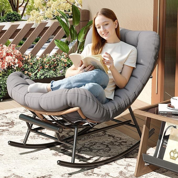 Outdoor Rocking Chair with Footrest, Oversized Patio Papasan Chairs with Cushion - Photo 1