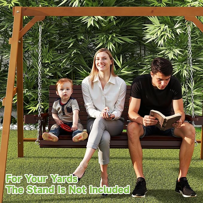 Real Relax Front Porch Swing, Wooden 3 Person Outdoor Hanging Patio Swing Chair with Cup Holders - Photo 8