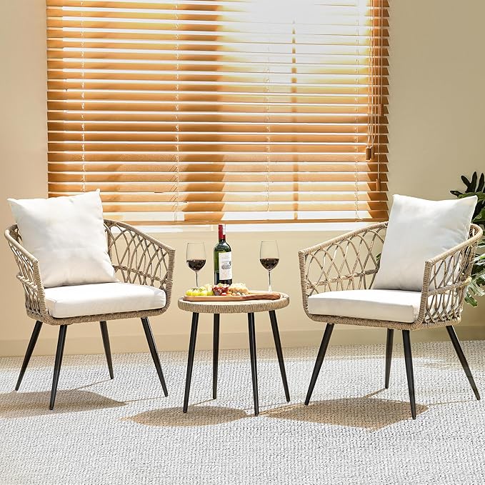 Idzo Heavy Duty 500lbs Weight Capacity Wicker Bistro Table and Chairs Set of 2 with Premium Olefin Fabric Soft Cushions - Photo 1