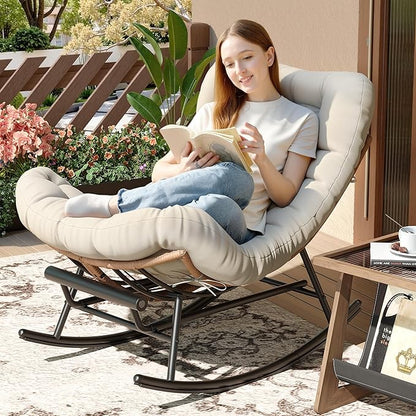 Outdoor Rocking Chair with Footrest, Oversized Patio Papasan Chairs with Cushion, Modern Lounge Rocker Chair for Indoor Living Room Garden Porch Balcony, Beige