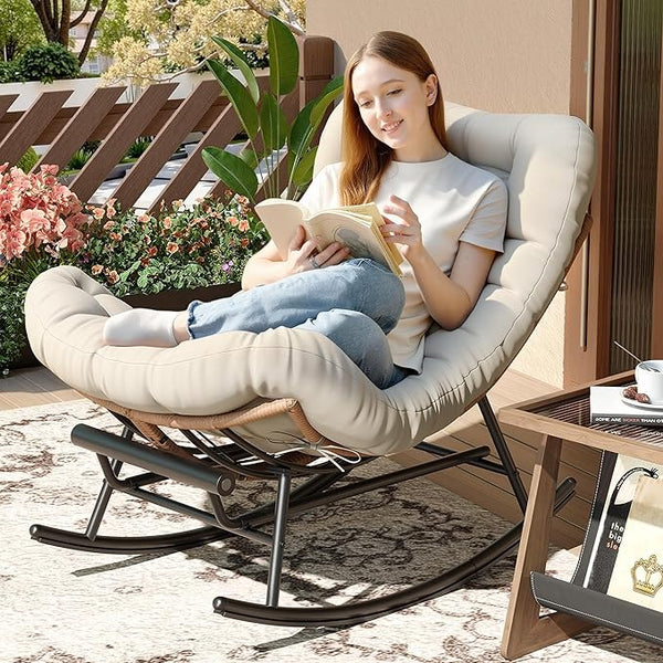 Outdoor Rocking Chair with Footrest, Oversized Patio Papasan Chairs with Cushion - Photo 1