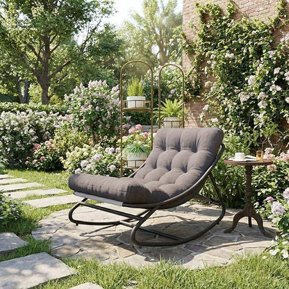 GarveeHome Wicker Rocking Chair, Papasan Egg Rocker with Iron Frame & Thick Cushion, Adjustable Rocking Range & Fixed Rope, 450 lbs Capacity Indoor/Outdoor for Porch, Garden, Grey