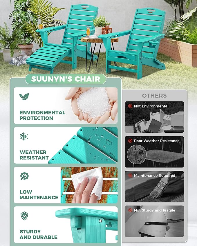 Folding Adirondack Chair with Retractable Ottoman Weather Resistant Fire Pit Chair Patio Chair with 2 Cup Holder Lawn Outdoor Lounge Chair (Lake Blue)
