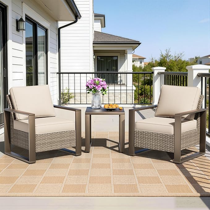 Outdoor Wicker Metal Chairs Set of 2 with Matching Side Table - 3 Pieces Patio Bistro Set with Removable Olefin Fabric - Photo 9