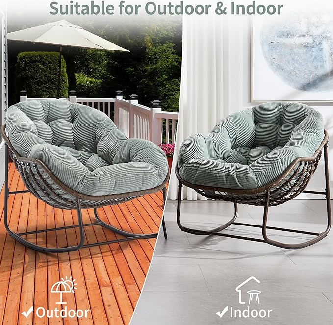 HOMEFUN Outdoor Patio Rocking Chairs, Oversized Papasan Rock Chair Indoor with Striped Velvet Padded Cushion - Rocker Egg Seat for Front Porch, Garden, Patio, Backyard Green