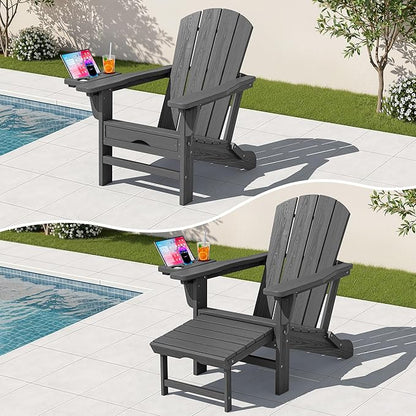 KINGYES Adjustable Folding Adirondack Chair with Footrest & 4-in-1 Multi-Functional Armrest Organizer, HDPE Recliner Adirondack Chair with Pull-Out Ottoman, Gray