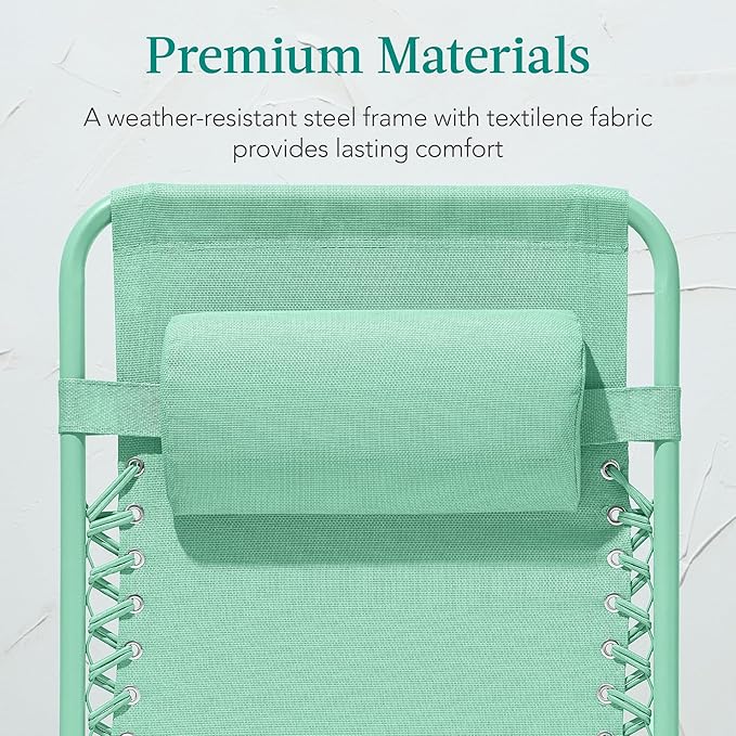 Best Choice Products Adjustable Zero Gravity Chair, Monochromatic Color Folding Patio Recliner w/Side Tray, Headrest - Mint