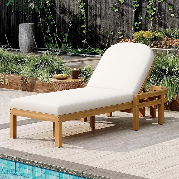 Outdoor Chaise Lounge Premium Acacia Wood Patio Recliner with 5-Position Adjustable Backrest Arched Backrest Thick - Photo 7