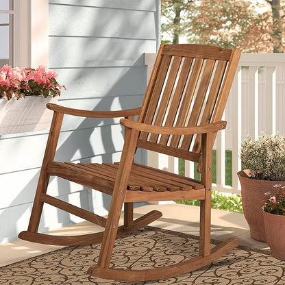 JONATHAN Y RCK102A Penny Classic Slat-Back 300-Lbs Support Acacia Wood Patio Outdoor Rocking Chair for Garden, Lawn, Backyard, Pool, Deck, Beach, Firepit, Teak