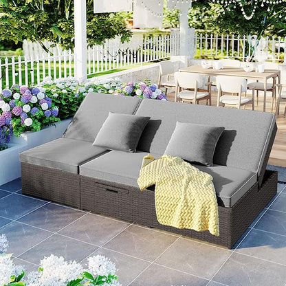 Harper & Bright Designs Garden Outdoor Chaise Lounge, Patio Pool Lounge Chairs for Outside, Wicker Rattan Reclining Folding Pool Lounger with Adjustable Backrest and Removable Cushions,Gray
