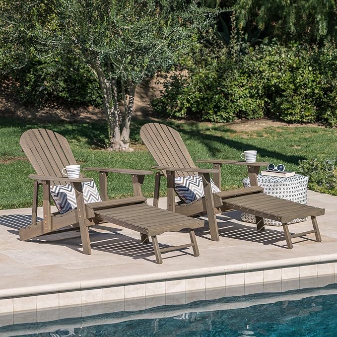 GDFStudio Noble House Hayle Reclining Wood Adirondack Chair w/Footrest (Set of 2) Grey