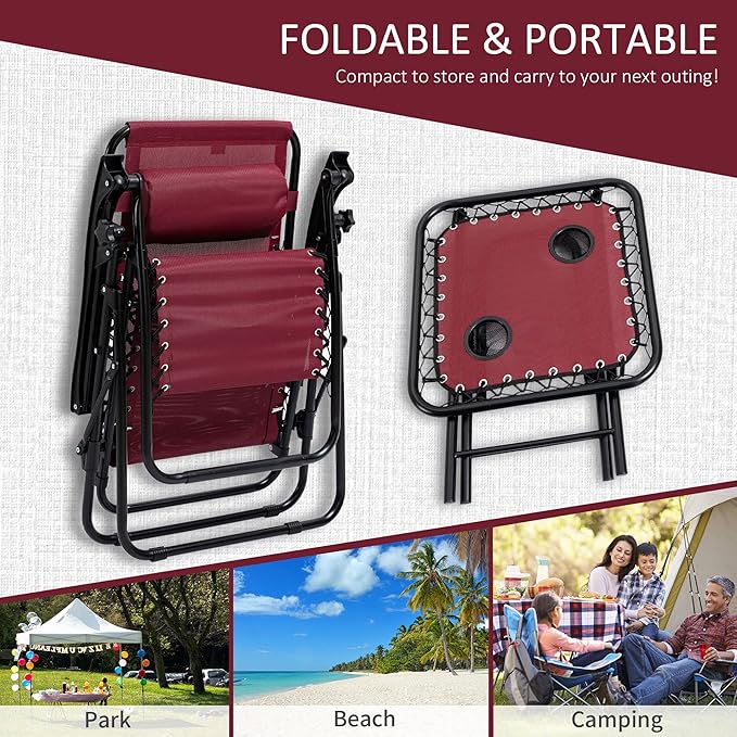 Outsunny Zero Gravity Chair Set with Side Table, Folding Reclining Chair with Cupholders & Pillows, Adjustable Lounge Chairs for Pool, Backyard, Lawn, Beach, Wine Red