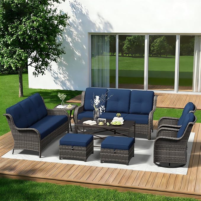 8 Piece Outdoor Wicker Patio Furniture Set, Outdoor Swivel Rocker Patio Chairs Set with Thickened Olefin Cushions, High Back and Deep Seating, Hand-Woven PE Rattan for Porch, Deck