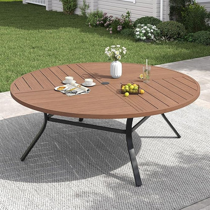 VICLLAX 63" Round Patio Table with Umbrella Hole, All Weather Metal Outdoor Dining Table for 8-10, Outside Table for Lawn Garden, Walnut Wood-Grain Finish