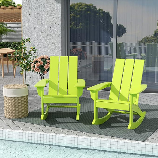 WestinTrends Ashore Patio Rocking Chairs Set of 2, All Weather Poly Lumber Plank Adirondack Rocker Chair, Modern Farmhouse Outdoor Rocking Chairs for Porch Garden Backyard and Indoor, Lime