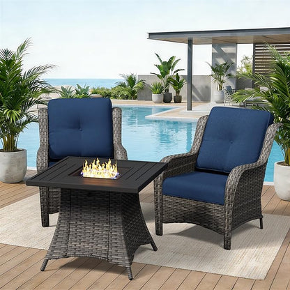 3 Pieces Outdoor Wicker Patio Furniture Set with Fire Pit Table, Patio Chair Set with Thickened Olefin Cushions, High Back and Deep Seating, Hand-Woven PE Rattan for Porch, Deck