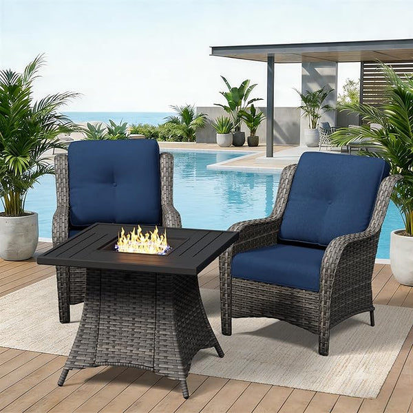 3 Pieces Outdoor Wicker Patio Furniture Set with Fire Pit Table, Patio Chair Set with Thickened Olefin Cushions - Photo 1