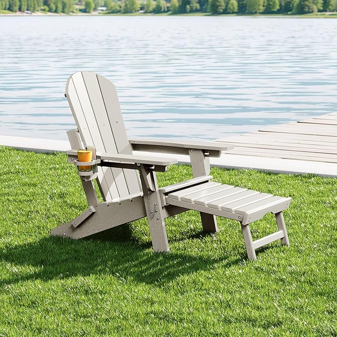 WestinTrends Malibu Folding Adjustable Adirondack Chair with Retractable Ottoman and Cup Holder, Sand