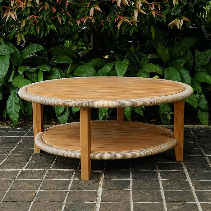 Cambridge Casual Seaside Wood Outdoor Coffee Table, Natural Teak/All-Weather Wicker