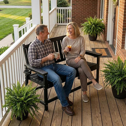 Outdoor Bench with Cup Holder All-Weather HDPE Fade Resistant Garden Bench 660 lbs Bearing 2-Seat Front Porch Furniture for Patio, Backyard,Park (Black)