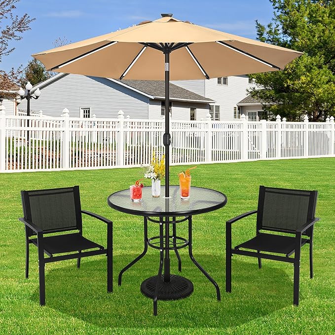 BSTOPHKL 32" Outdoor Patio Table with Umbrella Hole Round Outdoor Coffee Table Tempered Glass Top, All Weather Dining Table Bistro Table Suitable for Backyards, Balconies, Gardens and Lawns (Round)