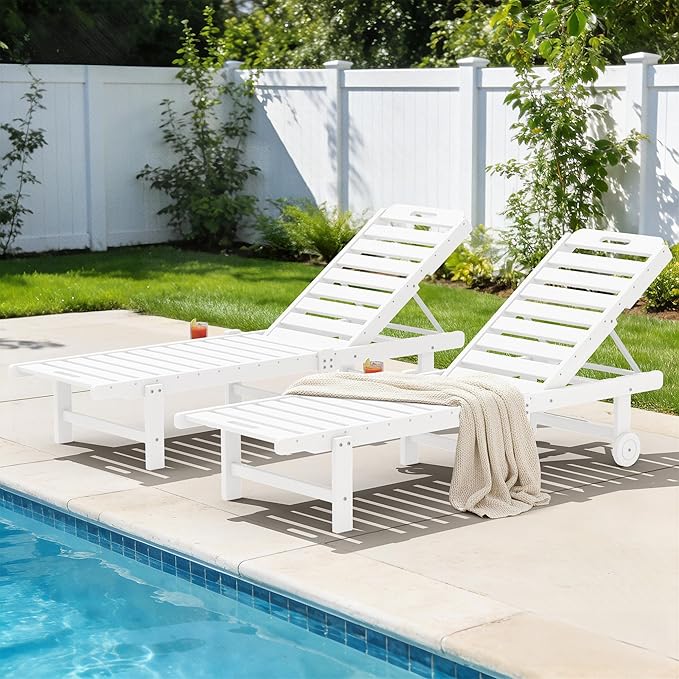SERWALL Outdoor Chaise Lounge Set of 2, All-Weather HDPE Pool Lounge Chairs with 5-Position Adjustable Backrest, Rolling Wheels & Cup Holder for Poolside, White