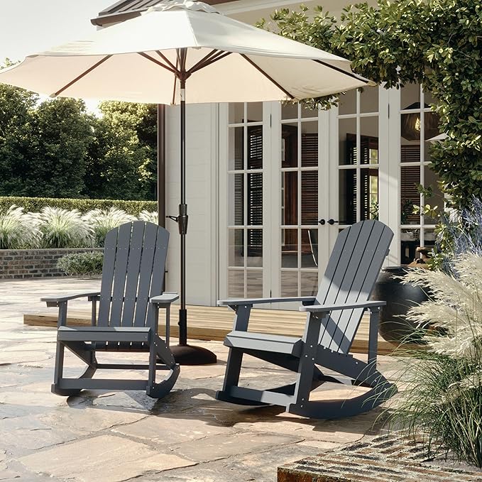 Flash Furniture Savannah All Weather Adirondack Rocking Chairs, Polyresin Wood Adirondack Chair with 350-lb. Static Weight Capacity, Set of 2, Gray