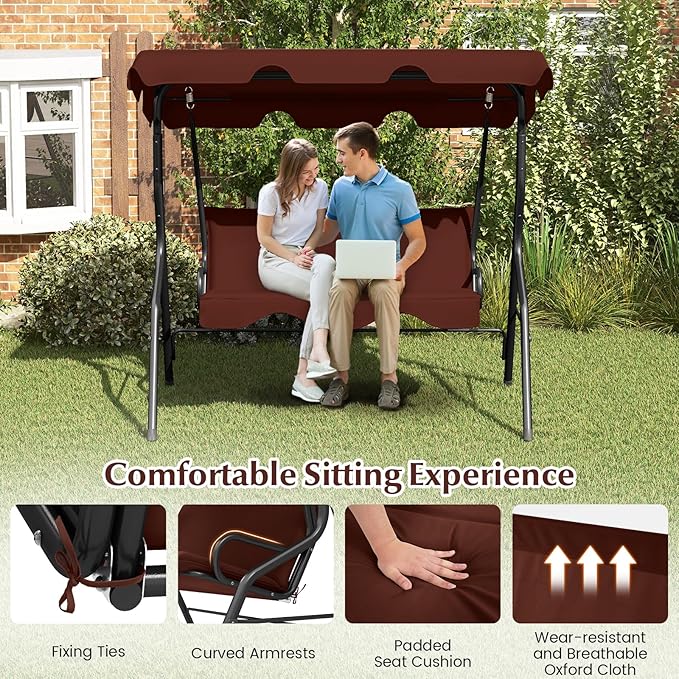 RELAX4LIFE 3-Person Porch Swing Chair - Outdoor Swing w/Adjustable Canopy, Removable Cushion & Metal Frame Stand - Photo 6