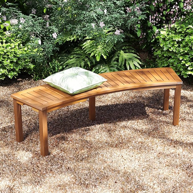 RELAX4LIFE Wooden Outdoor Curved Bench - Acacia Wood Garden Bench w/Slatted Seat, 2-Person Outside Backless Seating for Porch Backyard Deck Park, 800 LBS Load Capacity, Patio Fire Pit Bench (1, 58'')