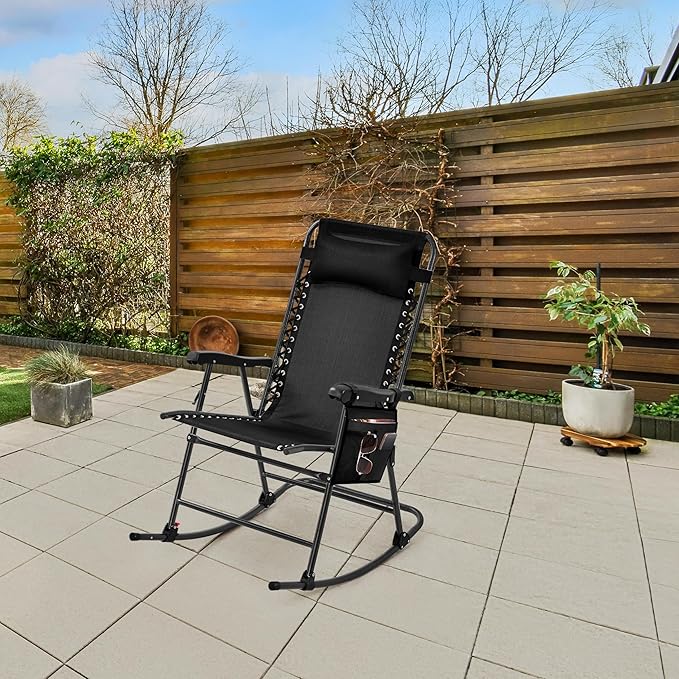 Yaheetech 26in Rocking Chair Outdoor Zero Gravity Folding Chairs Rocking Chairs Foldable Outdoor Reclining Lounge Chair for Outside Lawn with Cupholder/Pillow Ergonomic Design for Rest, Black
