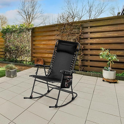 Yaheetech 26in Rocking Chair Outdoor Zero Gravity Folding Chairs Rocking Chairs Foldable Outdoor Reclining Lounge Chair for Outside Lawn with Cupholder/Pillow Ergonomic Design for Rest, Black
