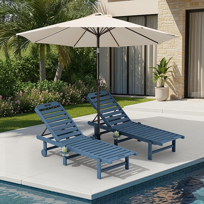 SERWALL Outdoor Chaise Lounge Set of 2 with 9FT Umbrella, HDPE Pool Lounge Chair with 5-Position Adjustable Backrest - Photo 1