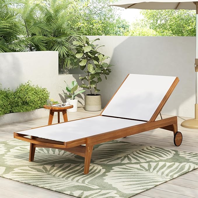Christopher Knight Home Tristy Chaise Lounge Chair Outdoor, Acacia Wood Frame Sunbathing Pool Lounger, Adjustable Backrest Single Lounge Sofa, Patio Lounge Chaise for Poolside, White + Natural