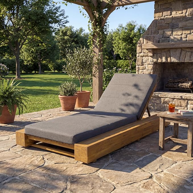 Christopher Knight Home Tory Acacia Wood Chaise Lounge Chair Outdoor, Poolside Sun Lounger Recliner, Patio Outdoor Chaise Lounge with Cushions, Adjustable Backrest Single Lounge Sofa, Grey+Teak