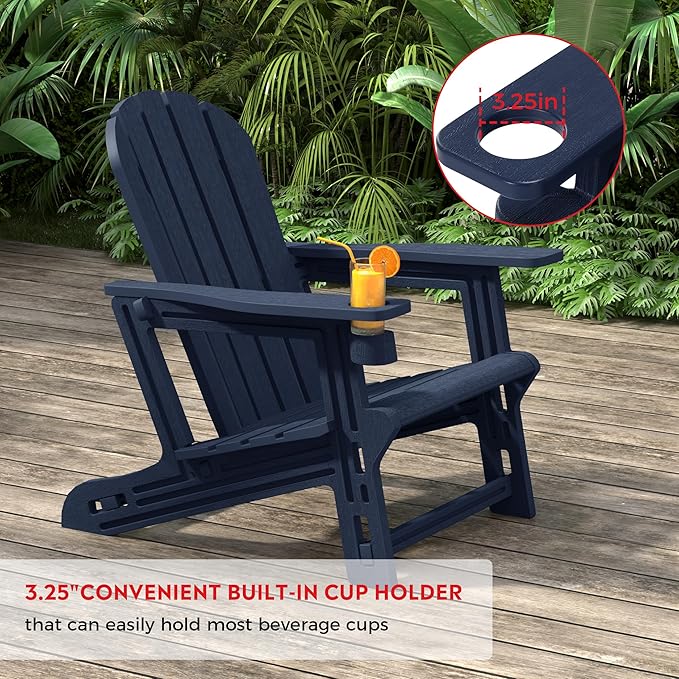 Costaelm Tool-Free Assembly Outdoor Patio HDPE Plastic Adirondack Chair with Cup Holder, Navy Blue
