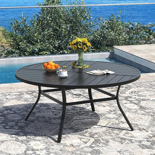 DIFY 59.8" Round Outdoor Patio Dining Table for 8-10, All-Weather Metal Steel Slatted Patio Table with 1.57" Adjustable Umbrella Hole, for Lawn Garden Porch Backyard, Black
