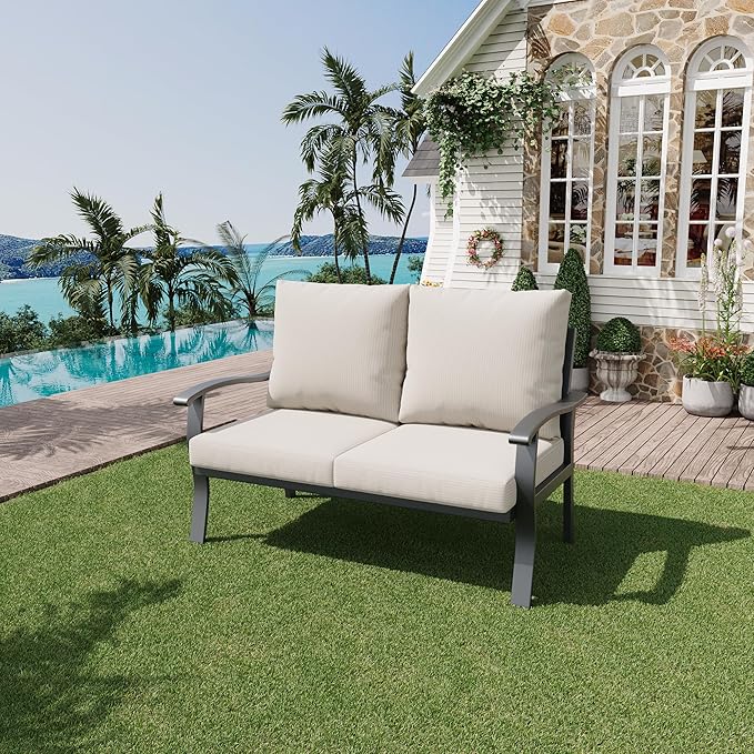 HOMREST Outdoor Loveseat Aluminum Patio Furniture Sofa, All-Weather Metal Outdoor Couch with Cushions, Beige - Photo 2