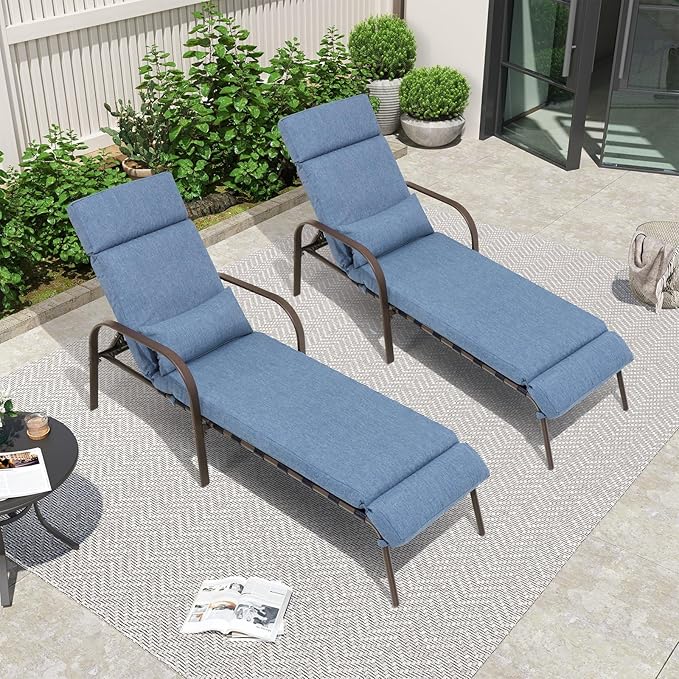 Crestlive Products Chaise Lounge Chair Outdoor Set of 2 with Cushion & Pillow, Adjustable 5 Position Pool Recliner, Outdoor Lounge Furniture All Weather for Patio, Beach, Yard, Pool (2PCS Dark Blue)