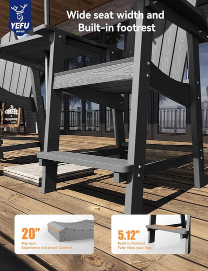 YEFU Balcony Chair, Tall Adirondack Chair Set of 4 with Connecting Tray, Poly Lumber Adirondack Chair Bar Stools, Patio Stools, 380lbs, Weather Resistant for Outdoor Deck Lawn Pool Backyard-Grey