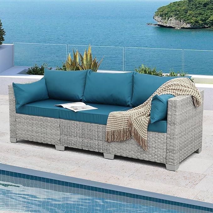 WAROOM Outdoor Couch 3 Seater Wicker Patio Sofa Grey Rattan Balcony Furniture Deep Seat Porch Seating - Photo 8