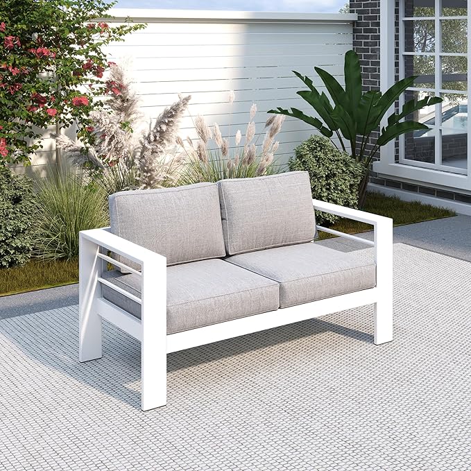 Solaste Outdoor Loveseat Aluminum Patio Furniture Sofa, All-Weather Metal Outdoor Couch with Cushions,Light Grey - Photo 1