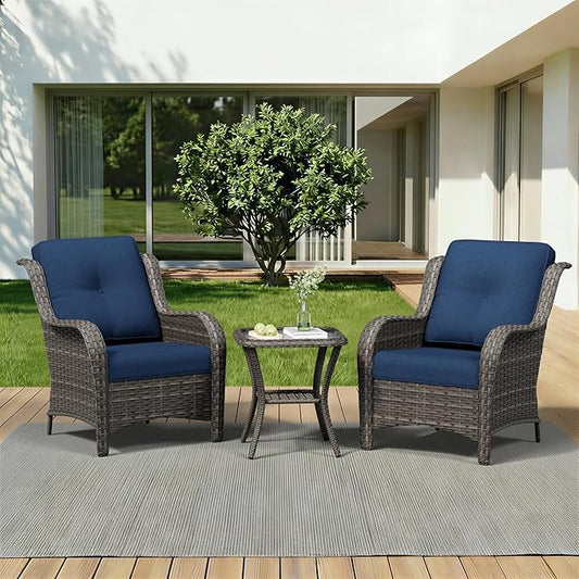 3 Pieces Outdoor Wicker Patio Furniture Set - Patio Chairs Set with Thickened Olefin Cushions, High Back and Deep Seating, Curved Armrest, PE Rattan for Porch, Deck, Balcony,Blue