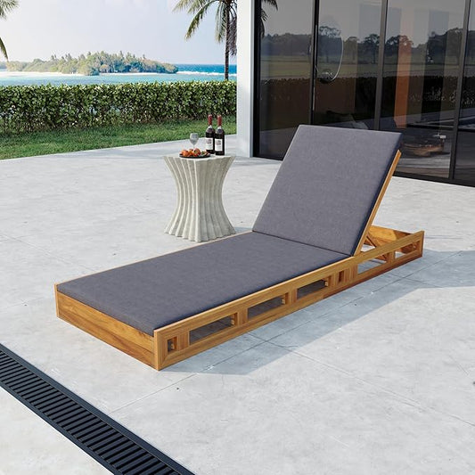 Outdoor Lounge Chaise Set with 2" Water-Resistant Cushion,4-Position Adjustable Backrest Recliner,Acacia Wood Foldable Lounger Chair for Patio,Garden,Poolside,Balcony,Deck,79" C Dark Gray,Teak