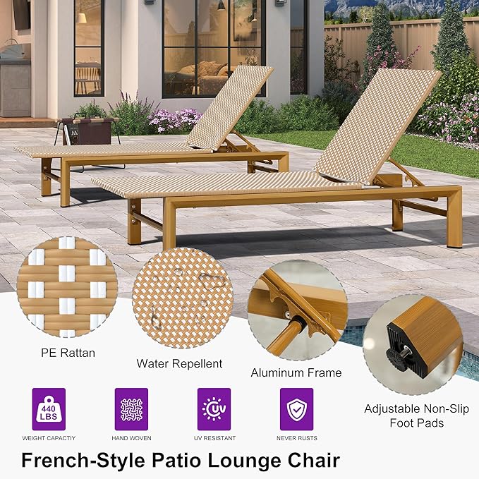 PURPLE LEAF Extra Wide Patio Chaise Lounge Set of 2 Outdoor Lounger French PE Rattan Lounge Chair with Reclining Adjustable Backrest for Pool Garden Beach and Backyard Light Brown