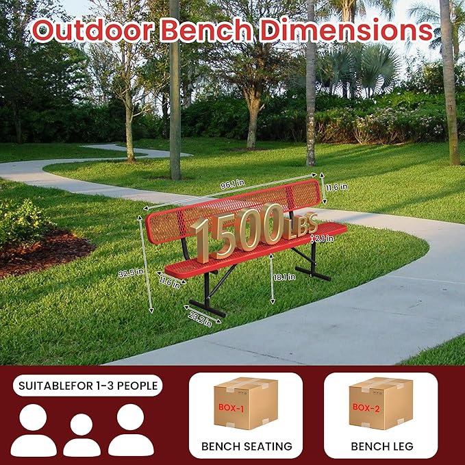 8FT Park Bench for Outside Heavy Duty Metal Mesh Bench with Back Portable Frame, Commercial Steel Bench Outdoor Garden Benches for Lawn, Park, Deck, Garden, Patio, Porch (Red, 8FT)