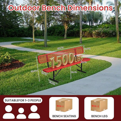 8FT Park Bench for Outside Heavy Duty Metal Mesh Bench with Back Portable Frame, Commercial Steel Bench Outdoor Garden Benches for Lawn, Park, Deck, Garden, Patio, Porch (Red, 8FT)