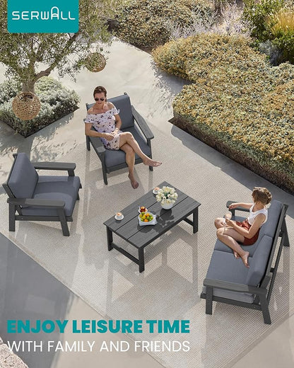 SERWALL HDPE Outdoor Furniture Set, 2 Piece All Weather Wood-Like Outdoor Sofa Sectional Couch, Grey Frame and Grey Cushion